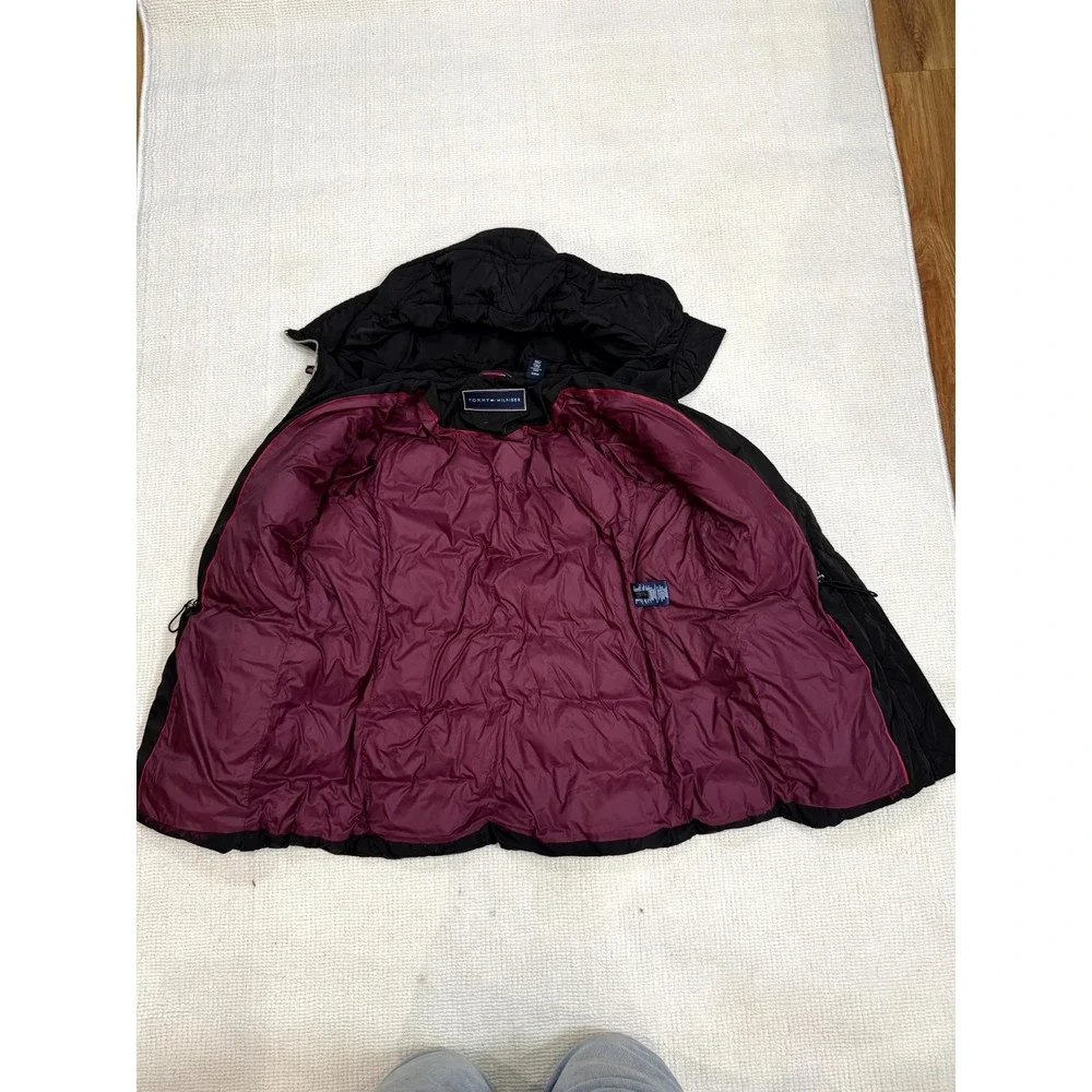 Tommy Hilfiger Puffer Jacket Womens Small Black Lined Hooded Logo Outdoor Zip Up